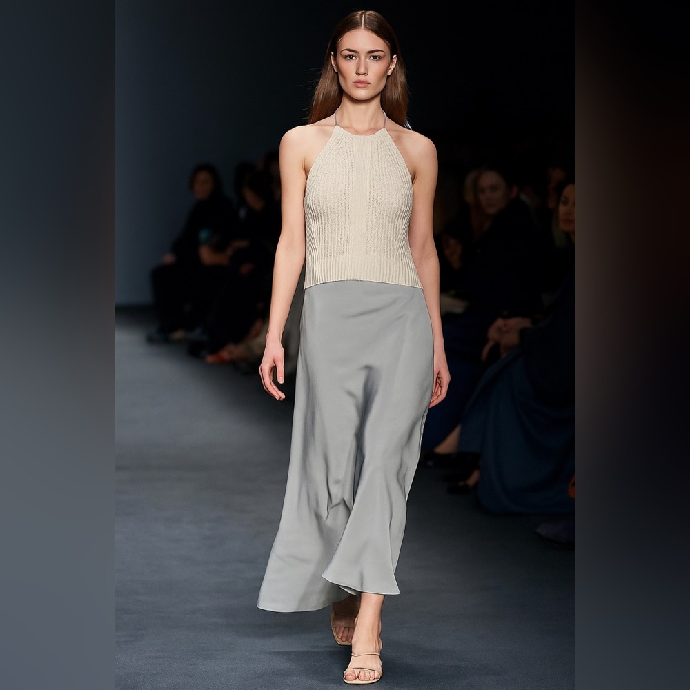 Sleeveless Halter Knit Top & Flowing Satin Skirt Dress in Cream and Light Gray
